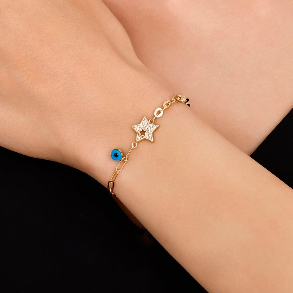 Assos Pırlanta 14 Ayar Altın Yıldız ve Nazar Boncuklu Bileklik
