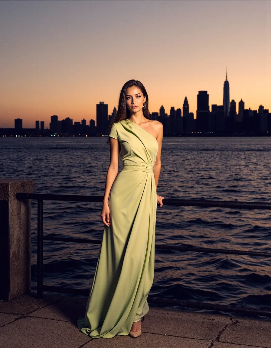 Elegant one-shoulder lime green gown silhouetted against NYC skyline at sunset, with water in foreground creating dramatic fashion scene