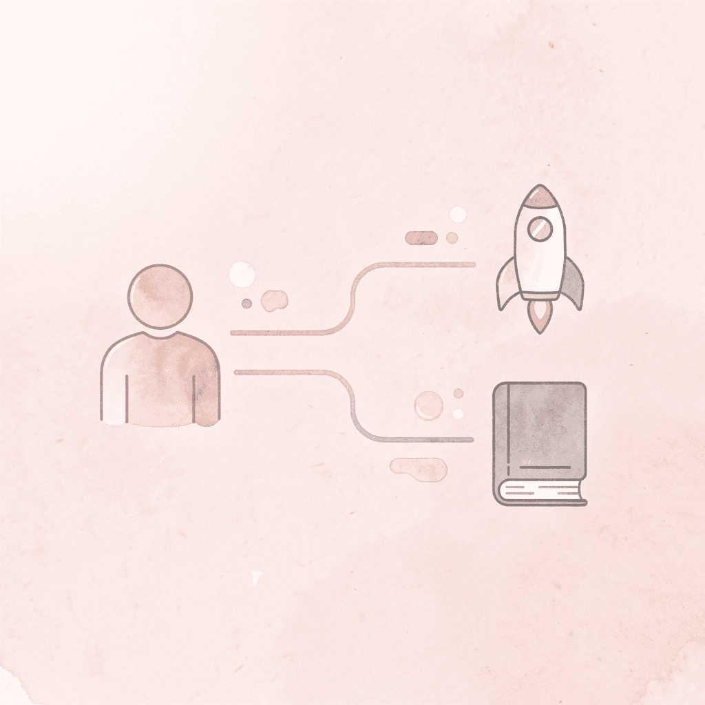 Book icon splitting into two learning paths representing different skill areas