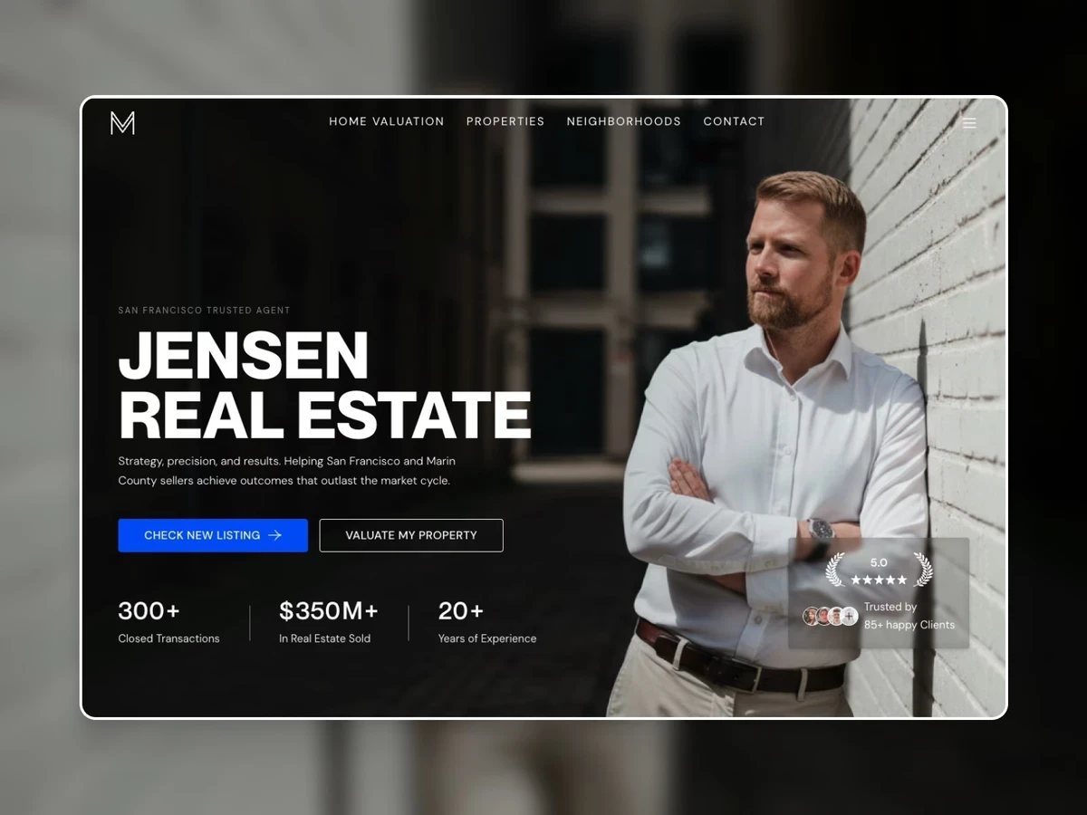 Jensen real estate agent Framer template featuring a professional dark layout, agent portrait, property search, and sales credentials.