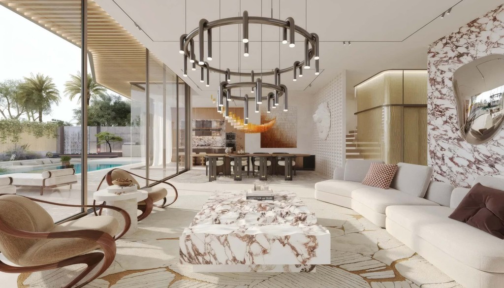 A stylish living room featuring marble flooring and elegant furniture, designed in the Greenwood Royal style.