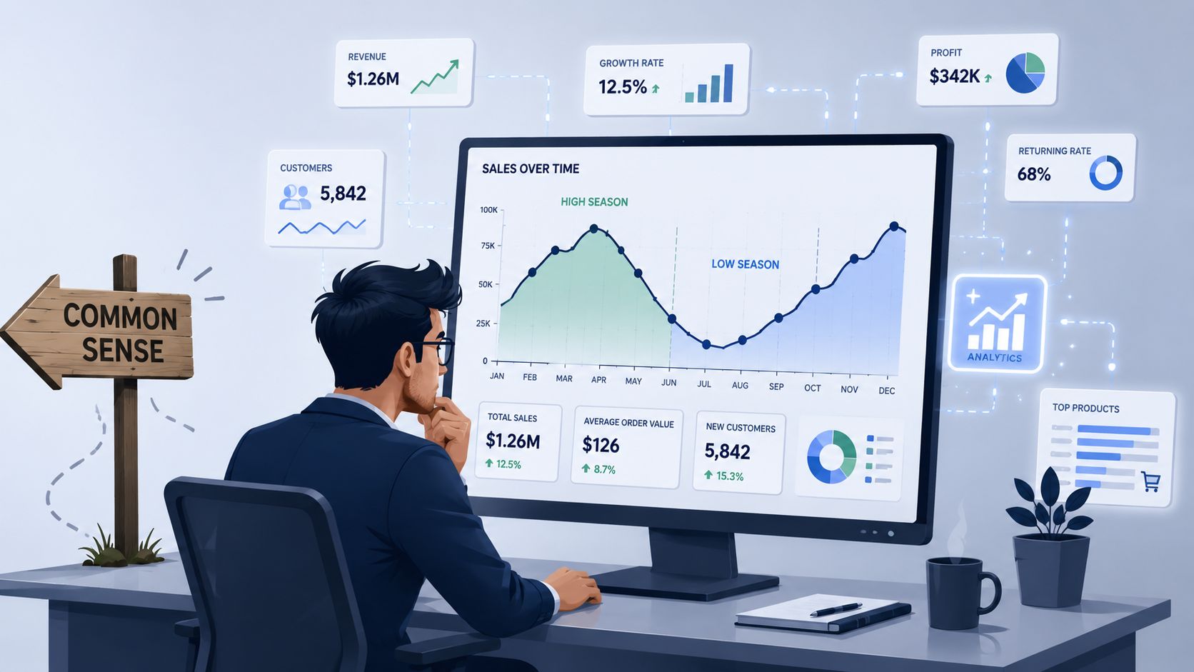 Un profesional analizando gráficos de ventas y datos de temporada alta y baja en su monitor de ordenador.