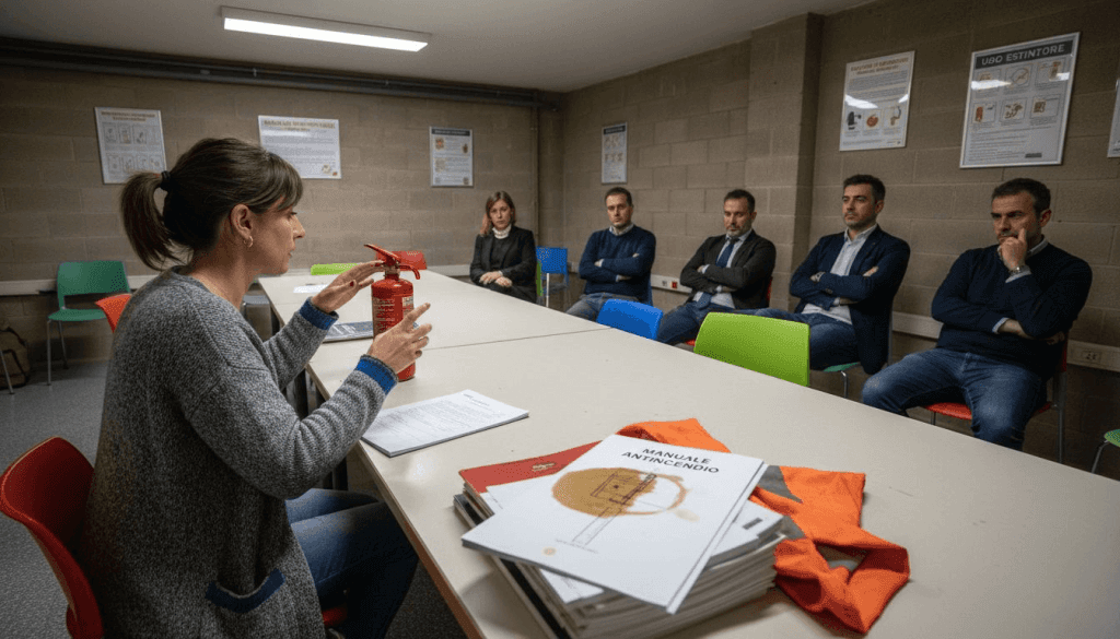 Durante la lezione, l’istruttore mostra ai partecipanti come utilizzare correttamente un dispositivo per la sicurezza antincendio.