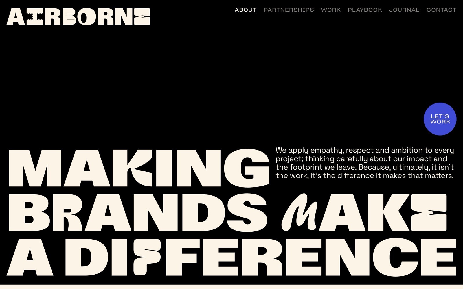 Bold white text "AIRBORNE" and "MAKING BRANDS MAKE A DIFFERENCE" on black; menu links above. Text bubble "LET'S WORK" on right.