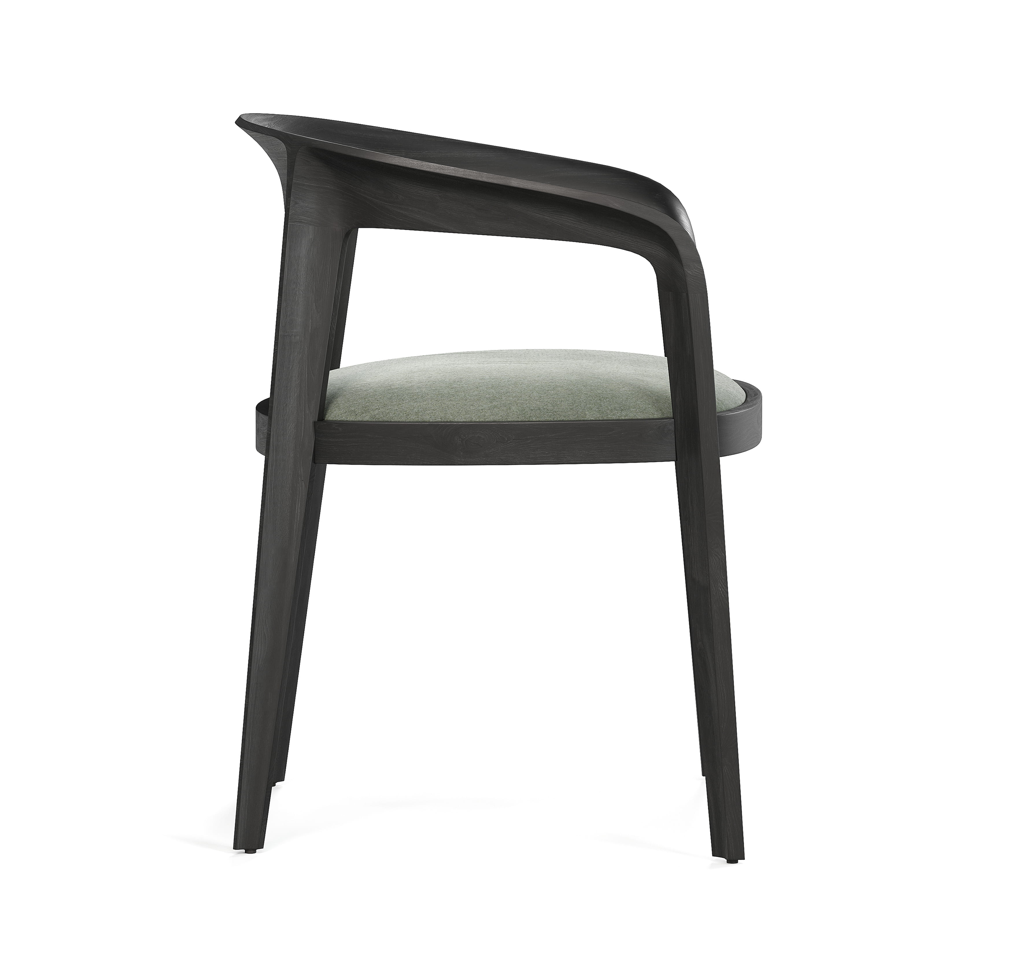 Side profile of dining chair with curved frame and cushioned seat