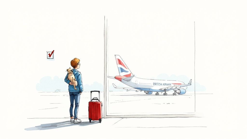 Person with a dog on their back and a red suitcase, looking at a British Airways plane at the airport.