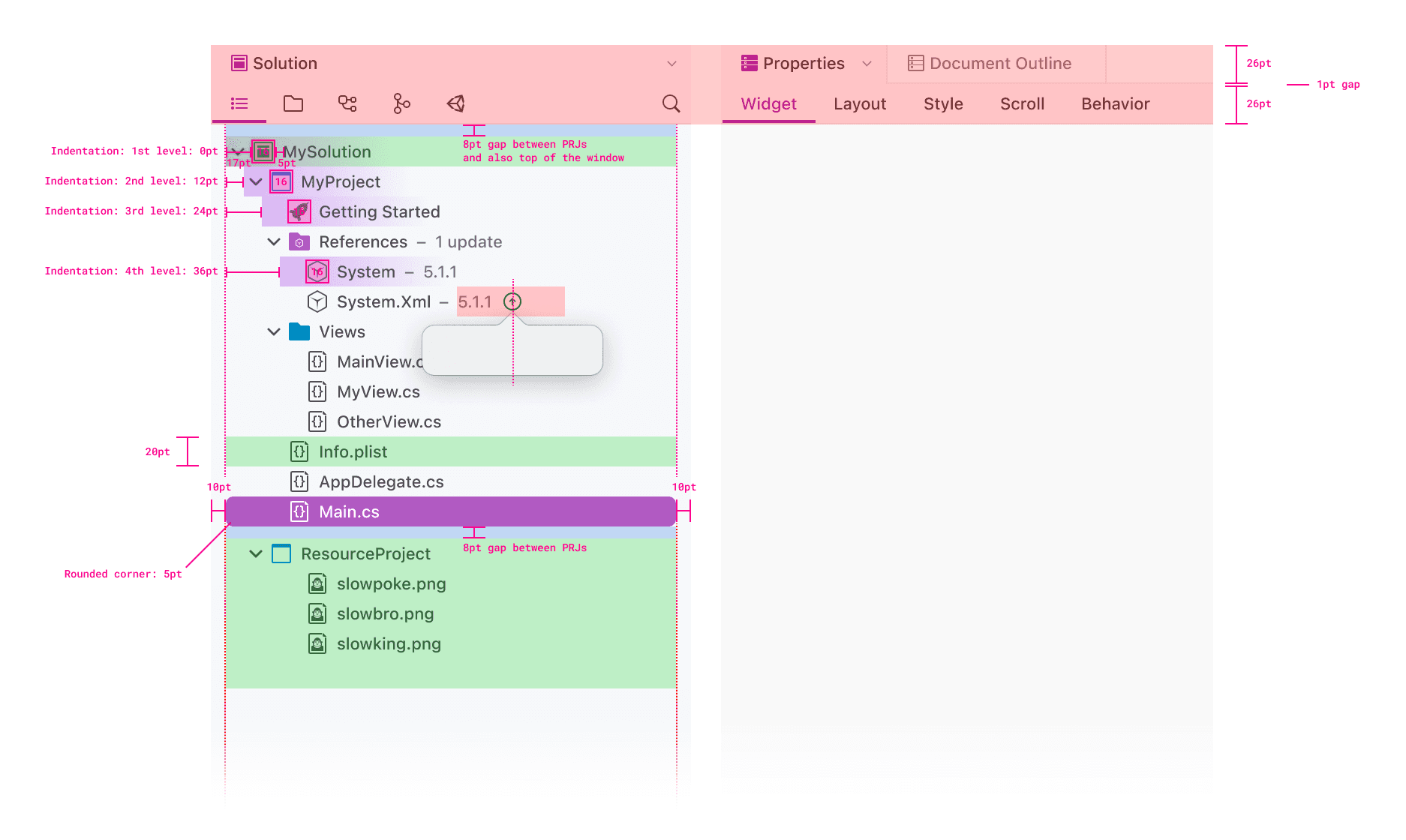 Screenshot of a Solution Explorer, showing a redline markup for spacing and alignment, with detailed annotations for properties such as indentation levels and gap measurements.