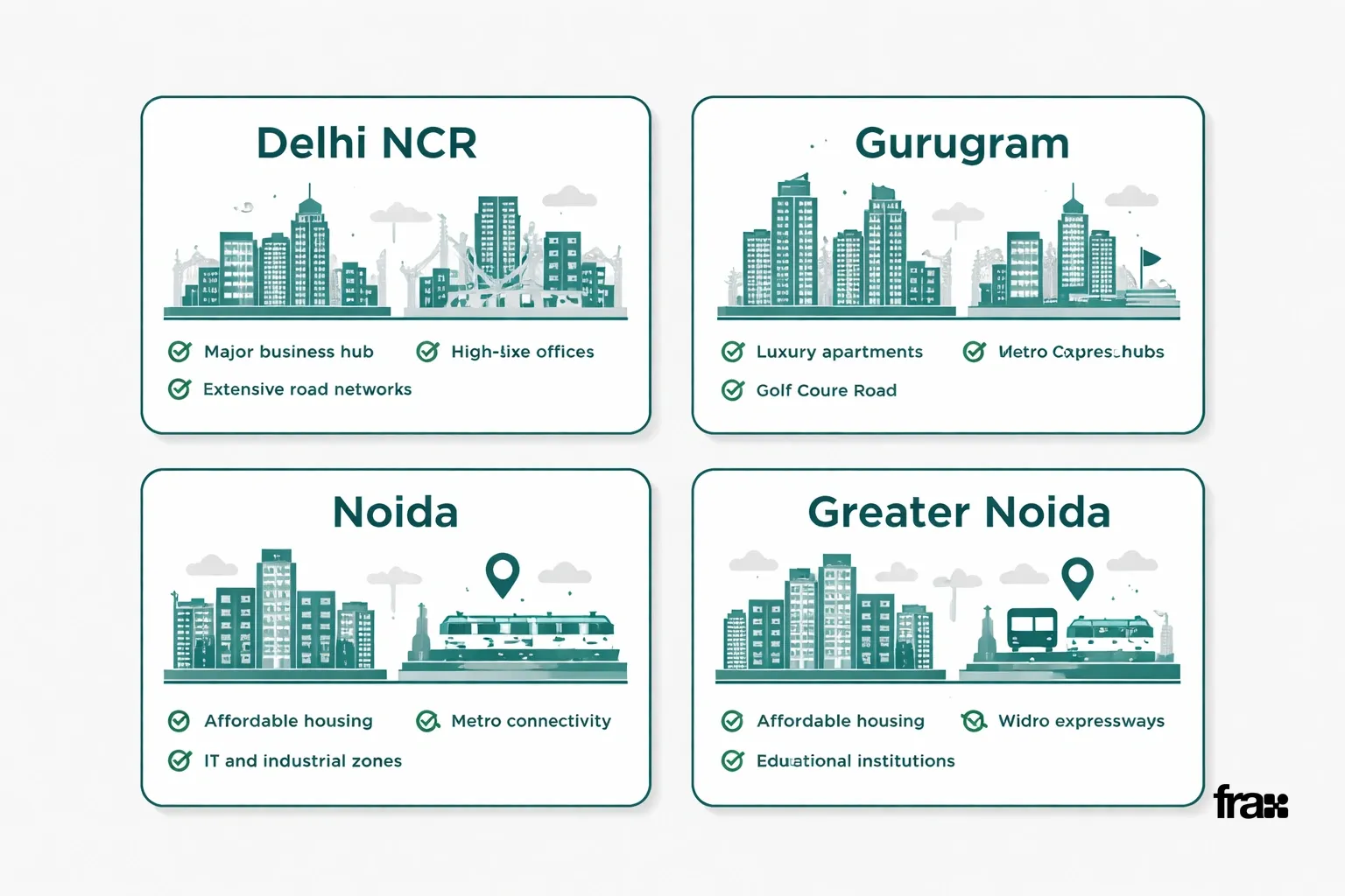 Visual comparison of Delhi NCR, Gurugram, Noida, and Greater Noida for real estate investment, highlighting infrastructure, demand, and regulatory factors in a minimalist design.