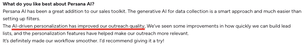 Persana AI user discuss its quality of personalized emails.