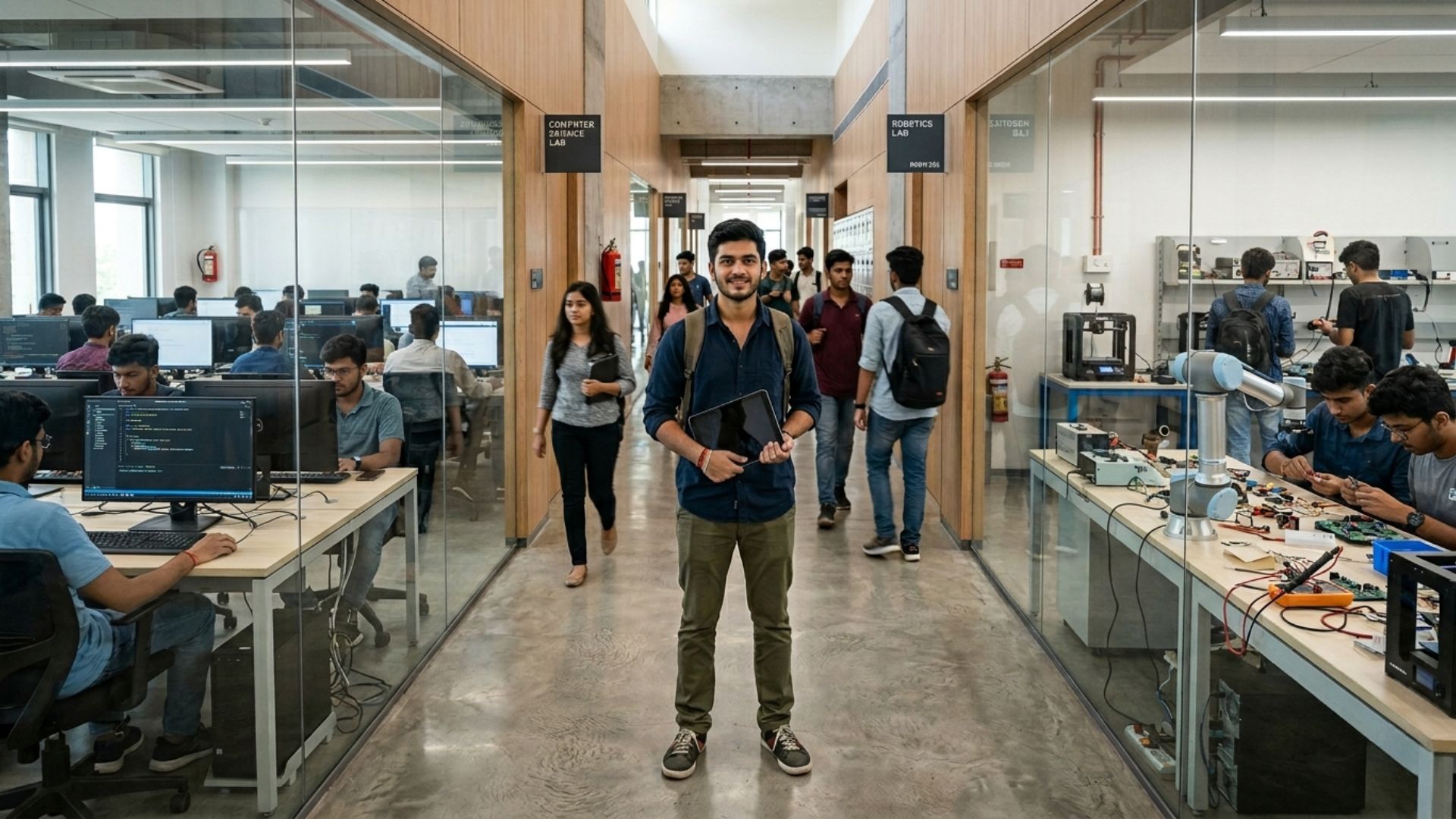 Student standing between computer science and robotics labs while exploring how to choose engineering branch