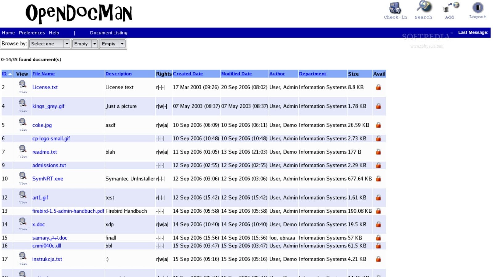 OpenDocMan's document management interface