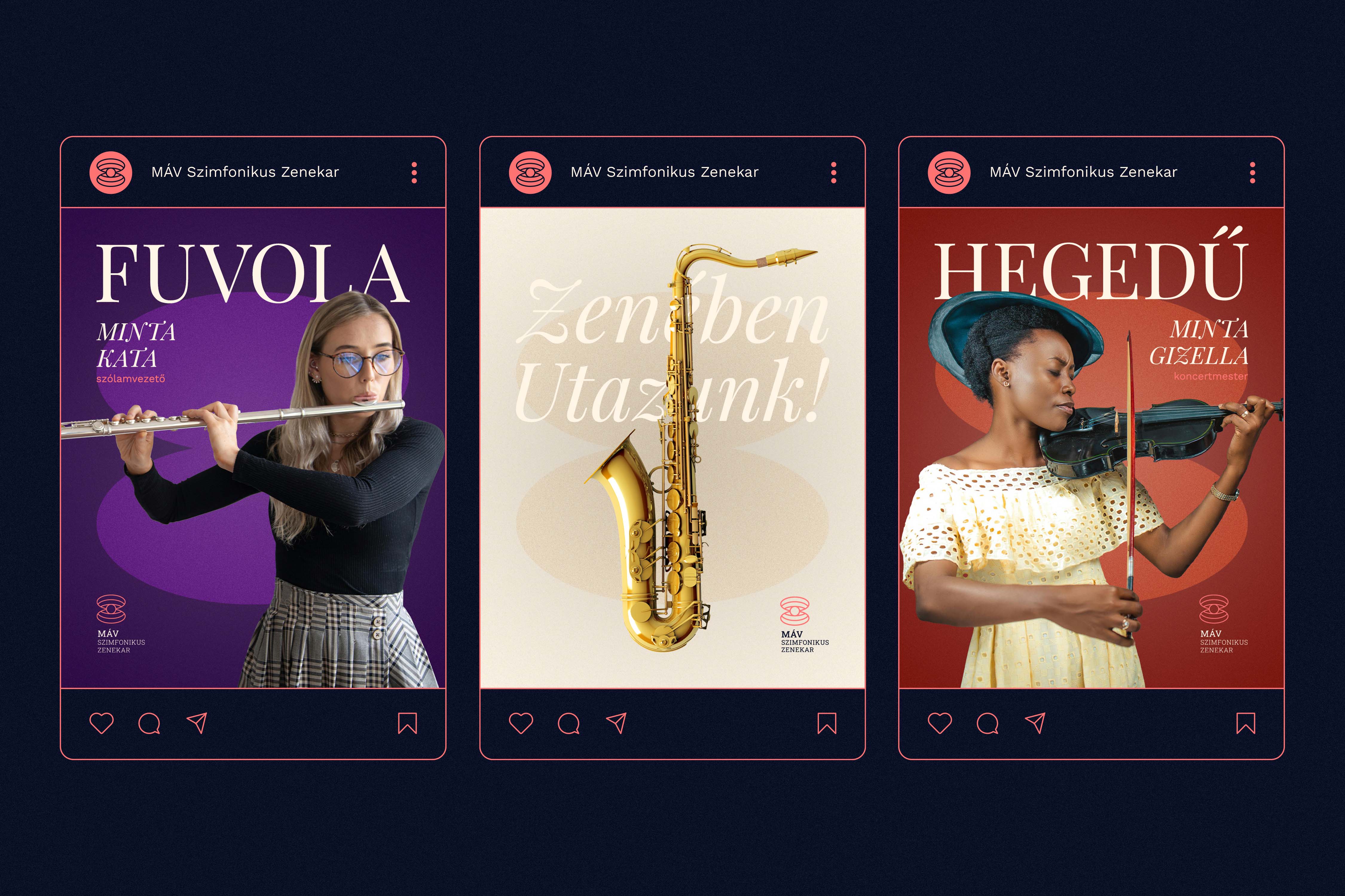 Set of three Instagram post concepts highlighting instruments and musicians in brand colors on a dark background featuring the V1 logo - MÁV Symphony Orchestra, a symphony orchestra brand identity.