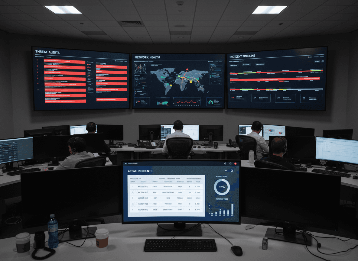 “Modern cybersecurity platform dashboard in a real security operations center showing active threats, system health, and incident response panels.”