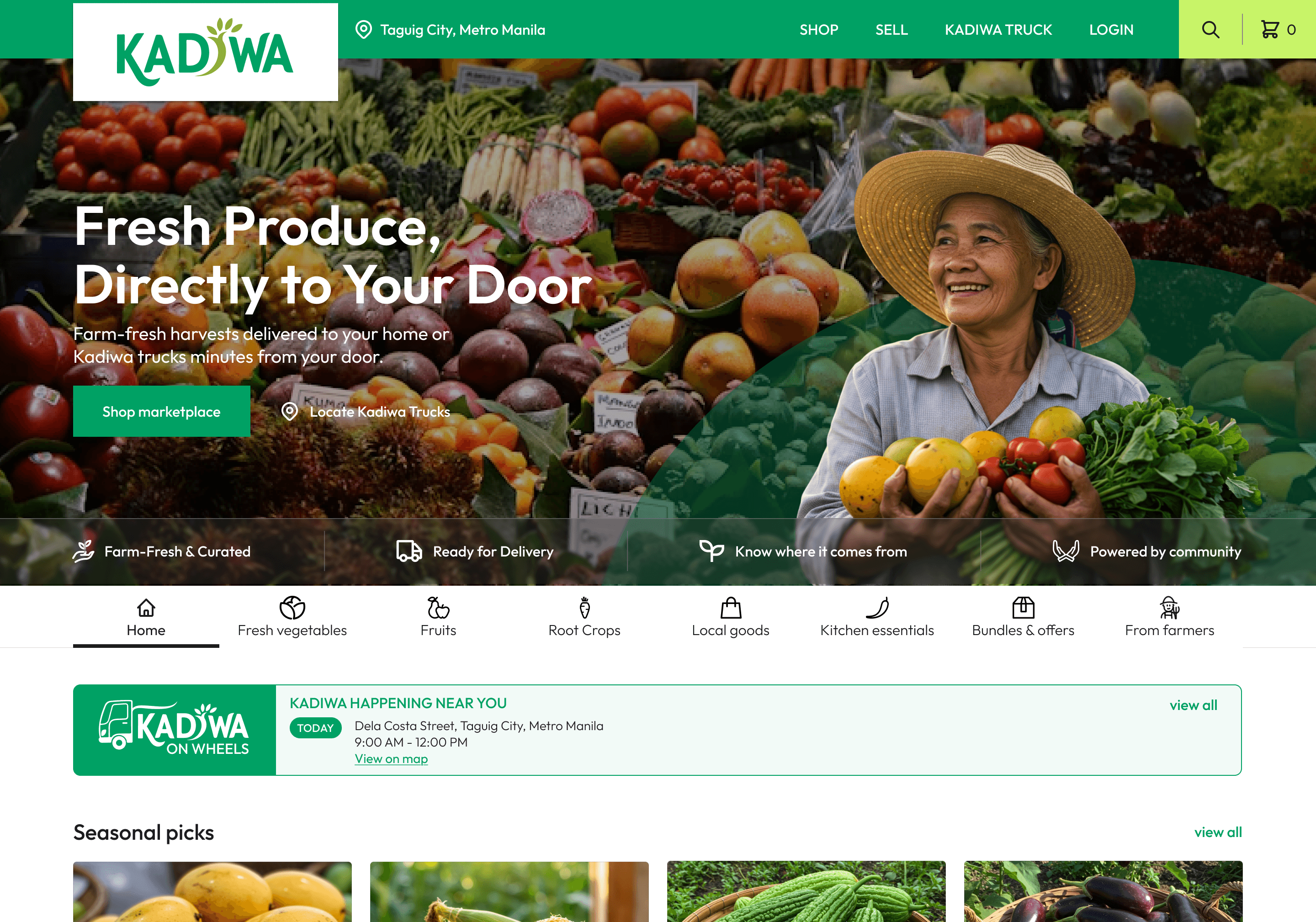 KADIWA grocery website mockup showing fresh produce hero section with farmer, delivery messaging, and product category navigation.
