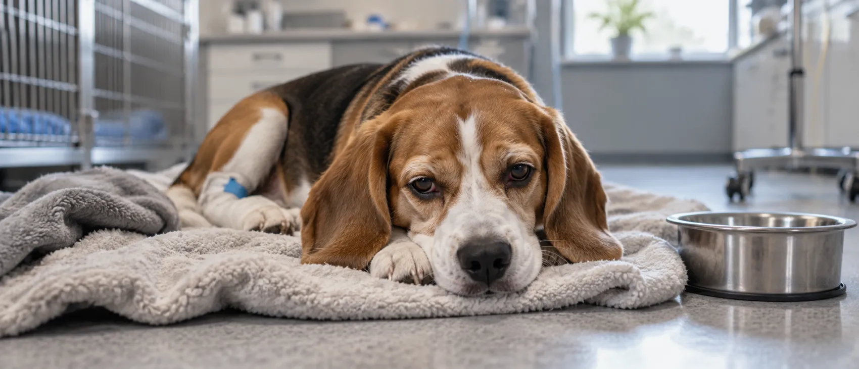 A Beagle lying on a blanket with an IV line, beside a food bowl in a clinic setting.