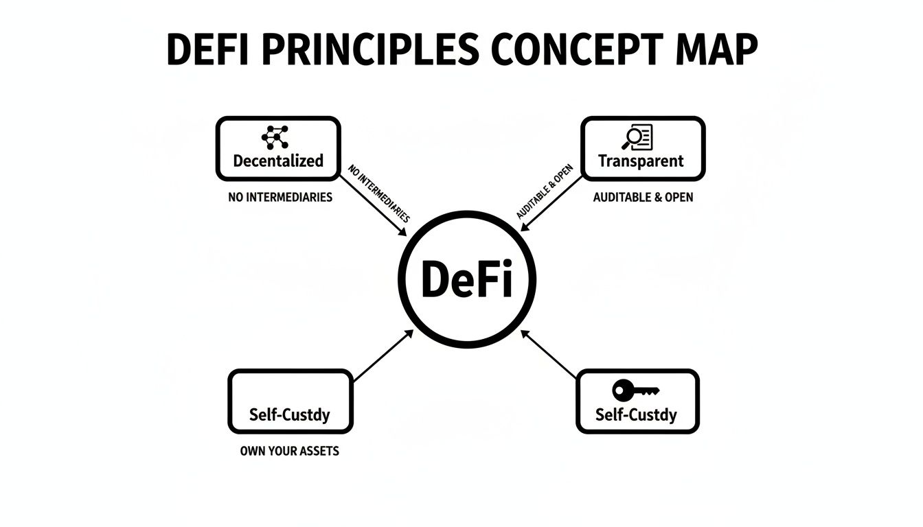 DeFi principles concept map illustrating decentralization, transparency, and self-custody in decentralized finance.