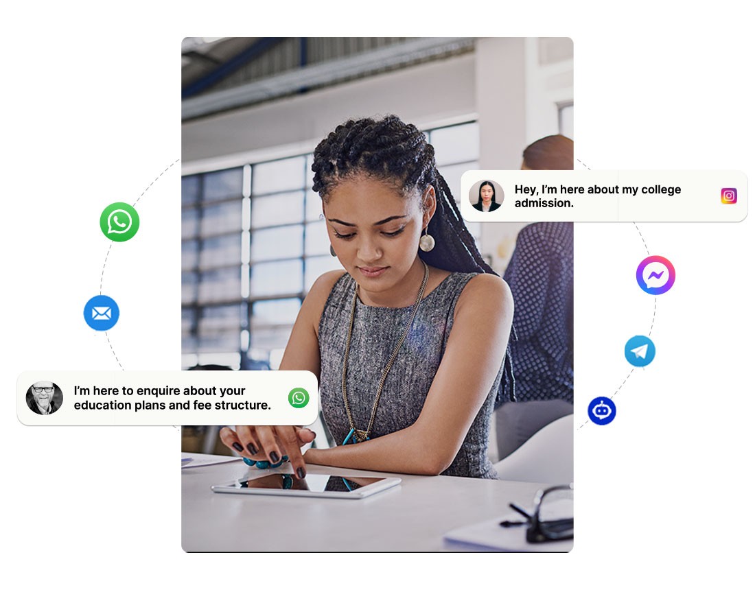 Young professional woman using a tablet to inquire about college admission and education plans via multiple communication platforms like WhatsApp, Instagram, Messenger, and email