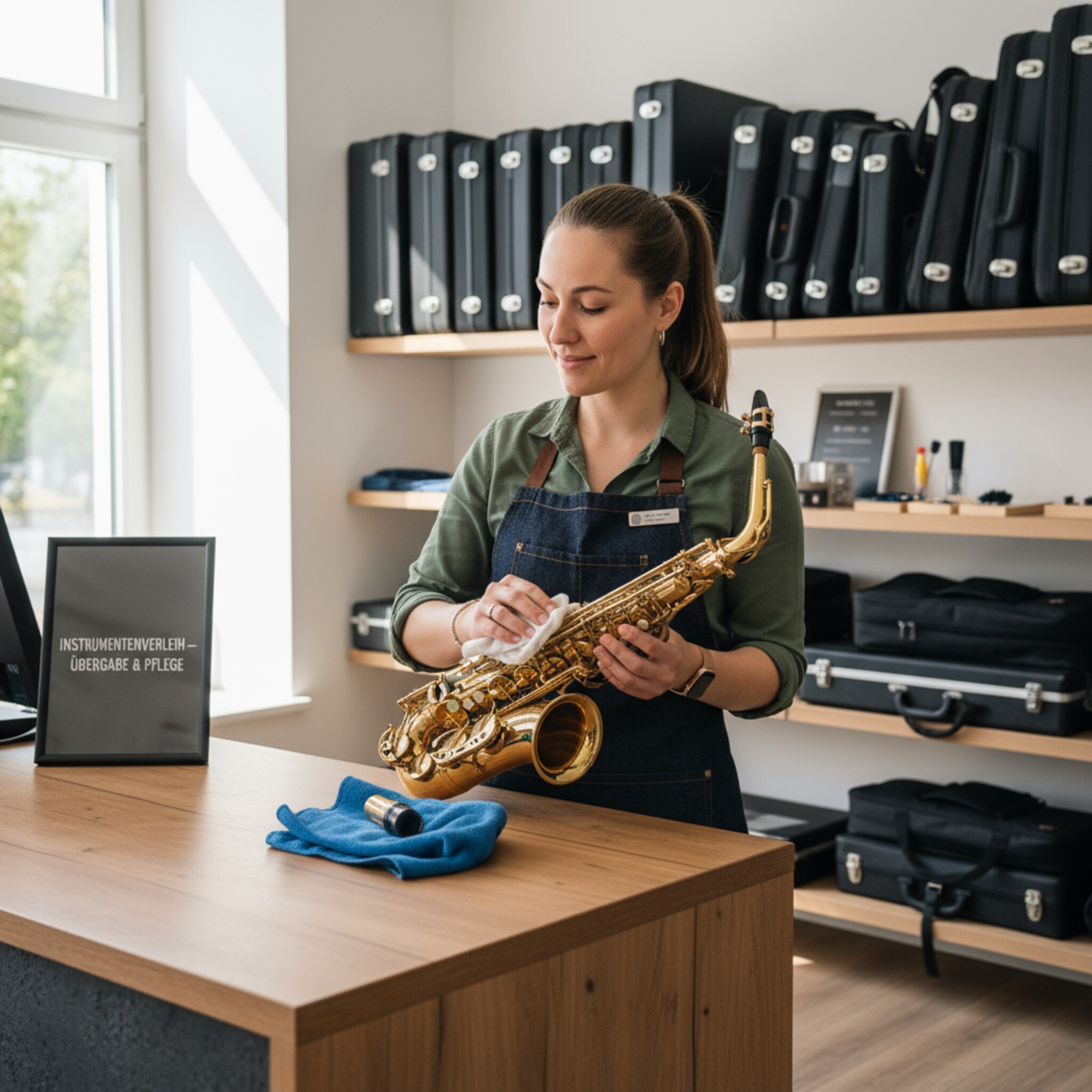 An einer Holztheke prüft eine Mitarbeiterin ein Saxofon, wischt behutsam über die Klappen und legt das Mundstück in ein weiches Tuch. Im Hintergrund reihen sich Koffer und Hüllen aneinander. Die Szene wirkt ruhig, ordentlich und einladend, bereit für eine sorgfältige Übergabe.