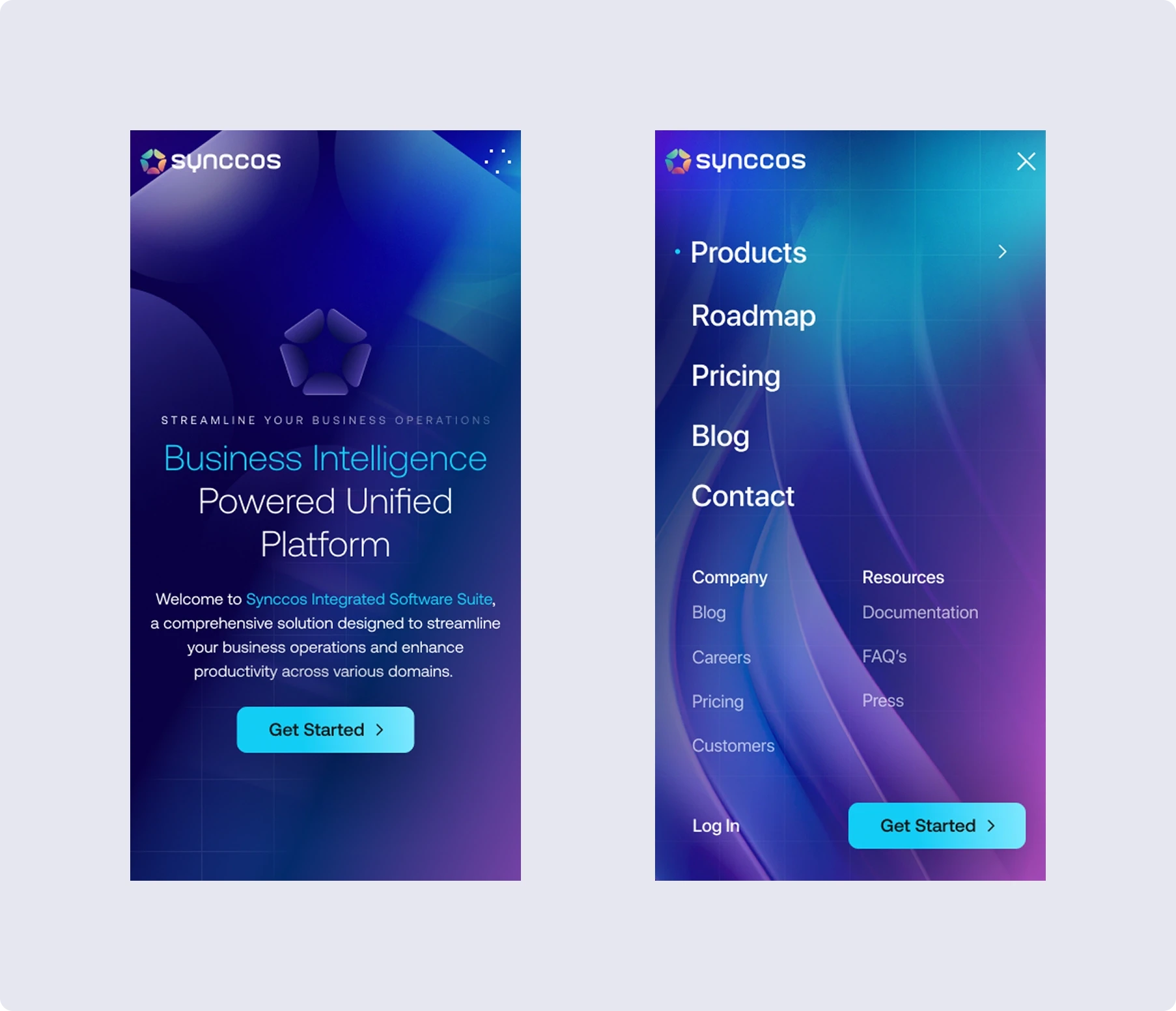 Side-by-side Synccos mobile screens show a vibrant blue-purple gradient: a business intelligence landing page and navigation menu with CTA buttons.