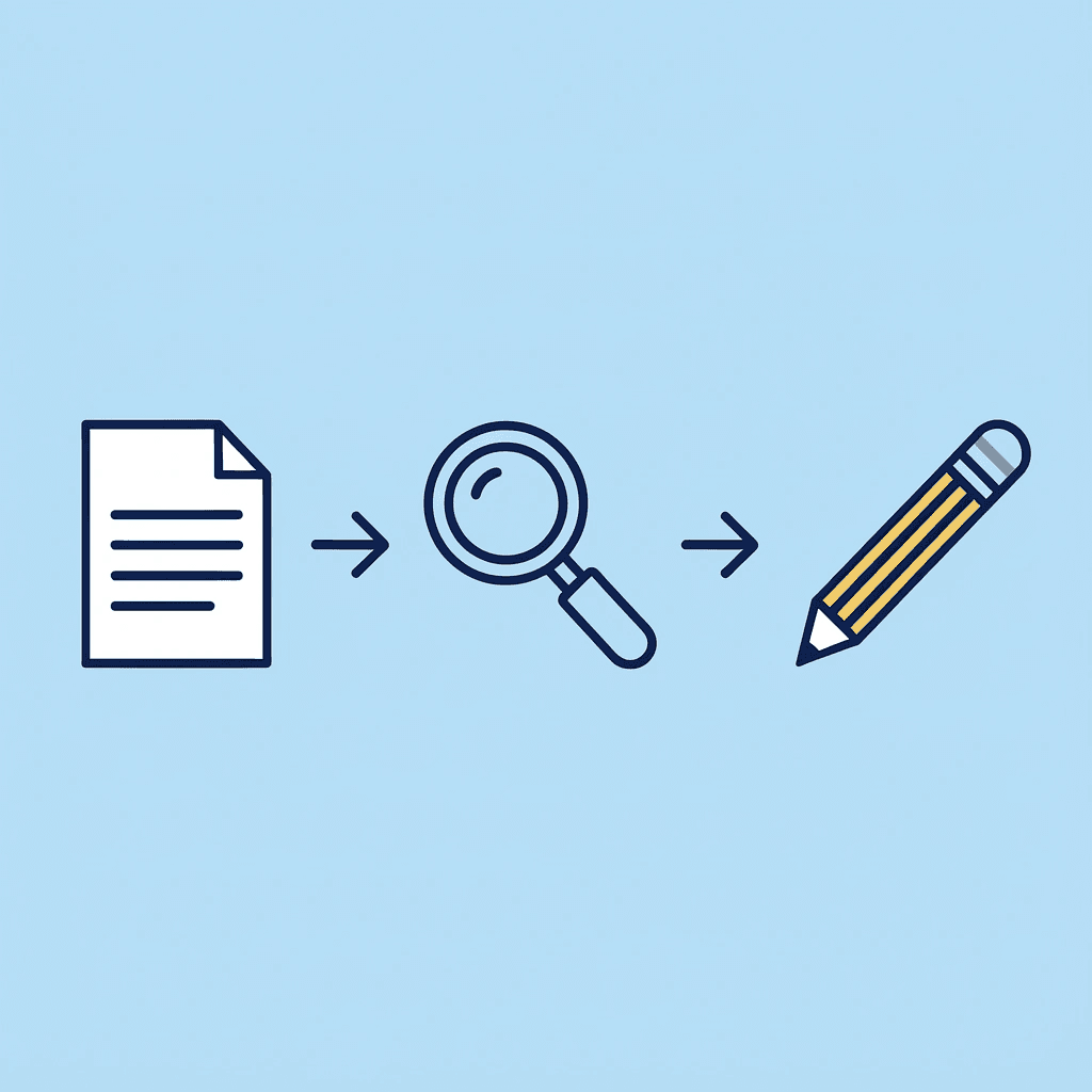 Three steps showing document input, AI scanning and highlighting, and manual editing