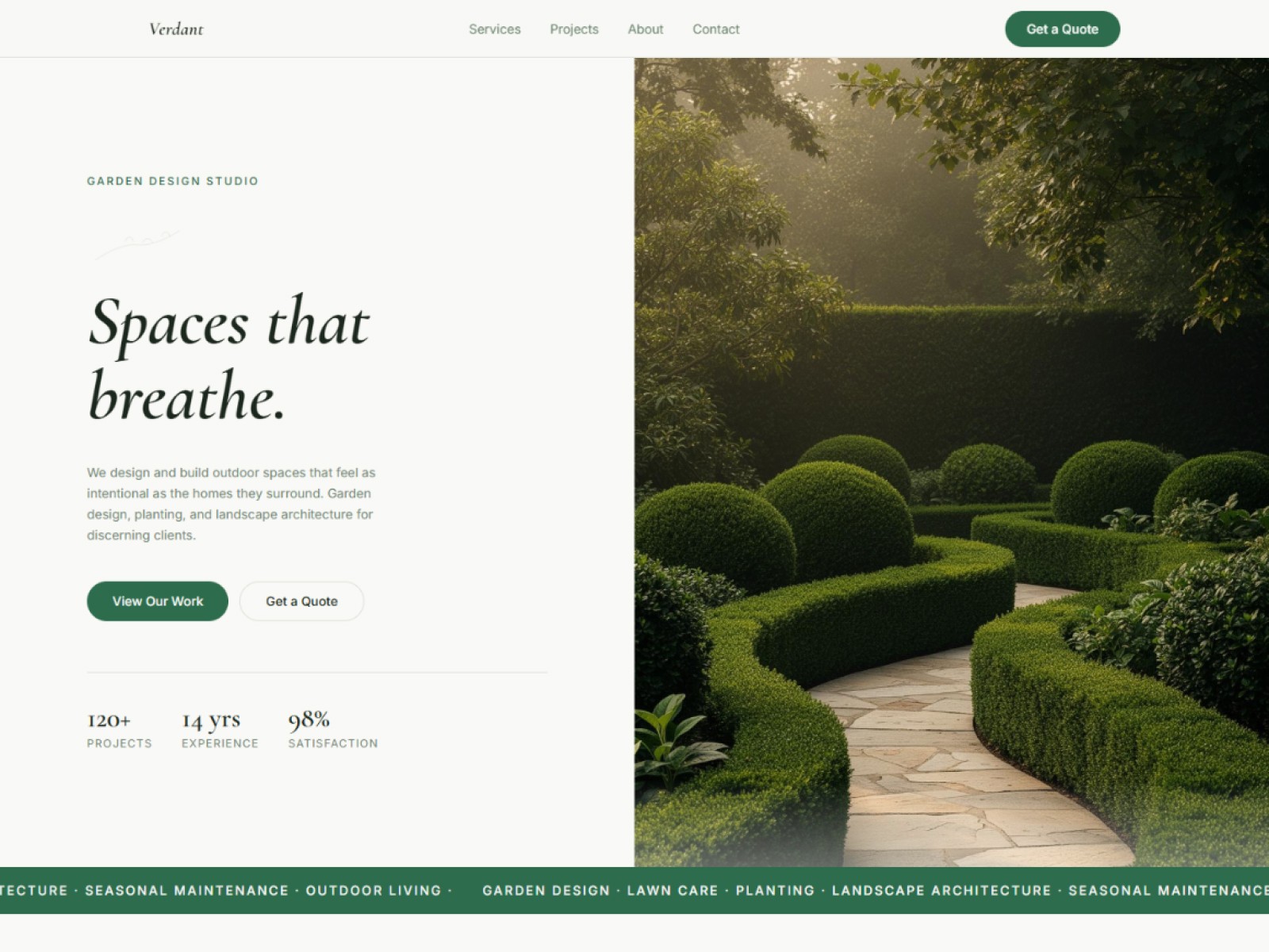 Landscaping Website Prompt preview — hero section with split layout, italic serif headline "Spaces that breathe", formal garden photography, stats row, and green marquee ticker
