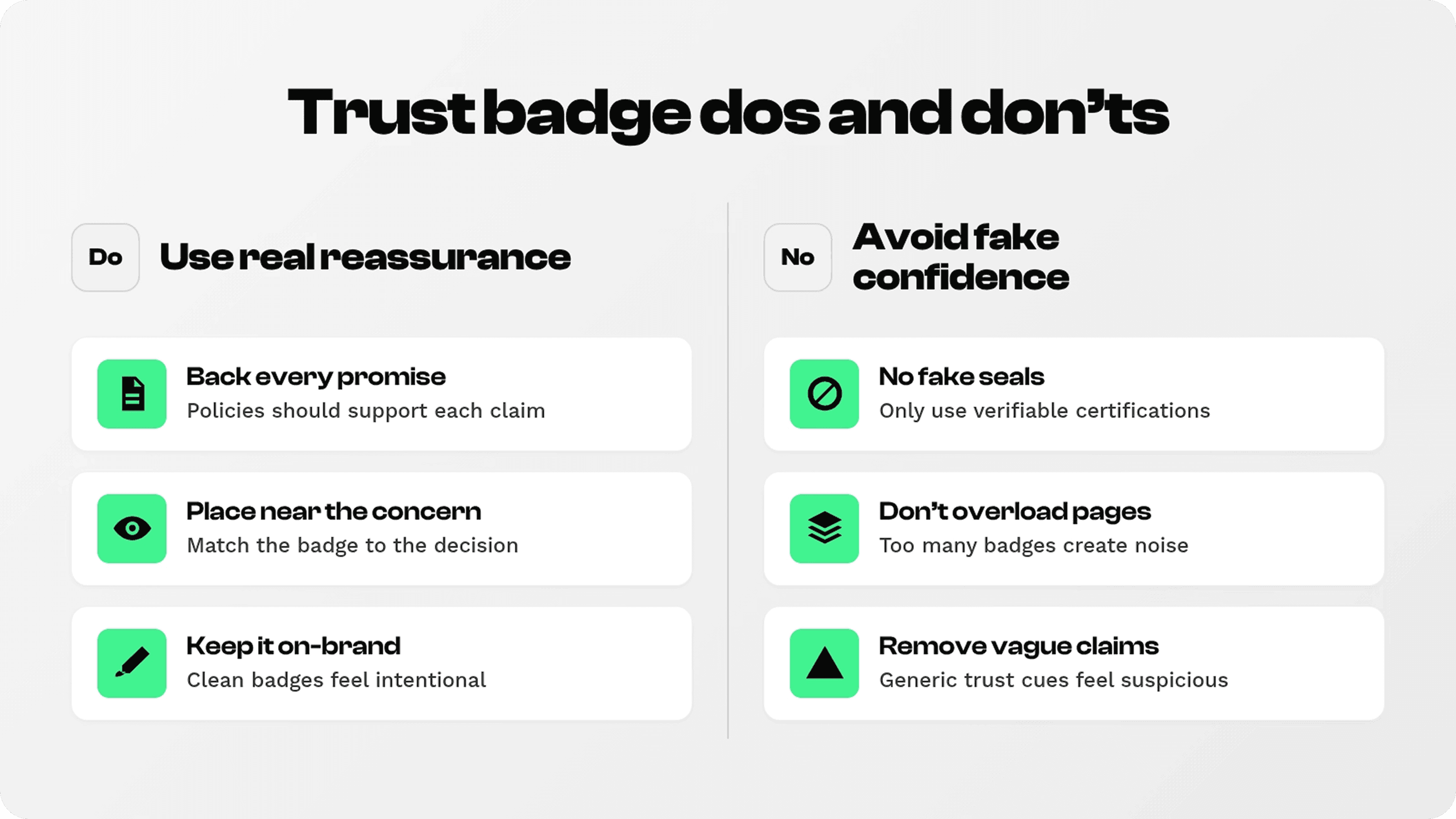 Trust badge dos and don’ts infographic comparing real reassurance with fake or overloaded trust claims.