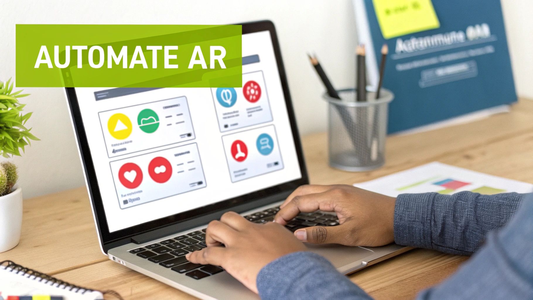 Person typing on a laptop displaying a dashboard with colorful icons and an 'AUTOMATE AR' banner.