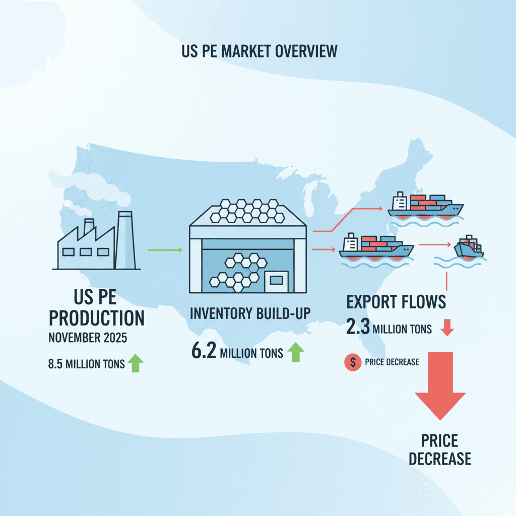 Warehouses with unsold PE inventory and falling price charts
