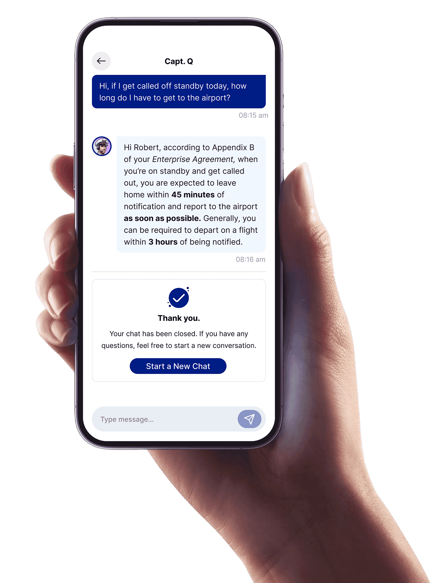 Hand holding iPhone displaying Encevia app chat