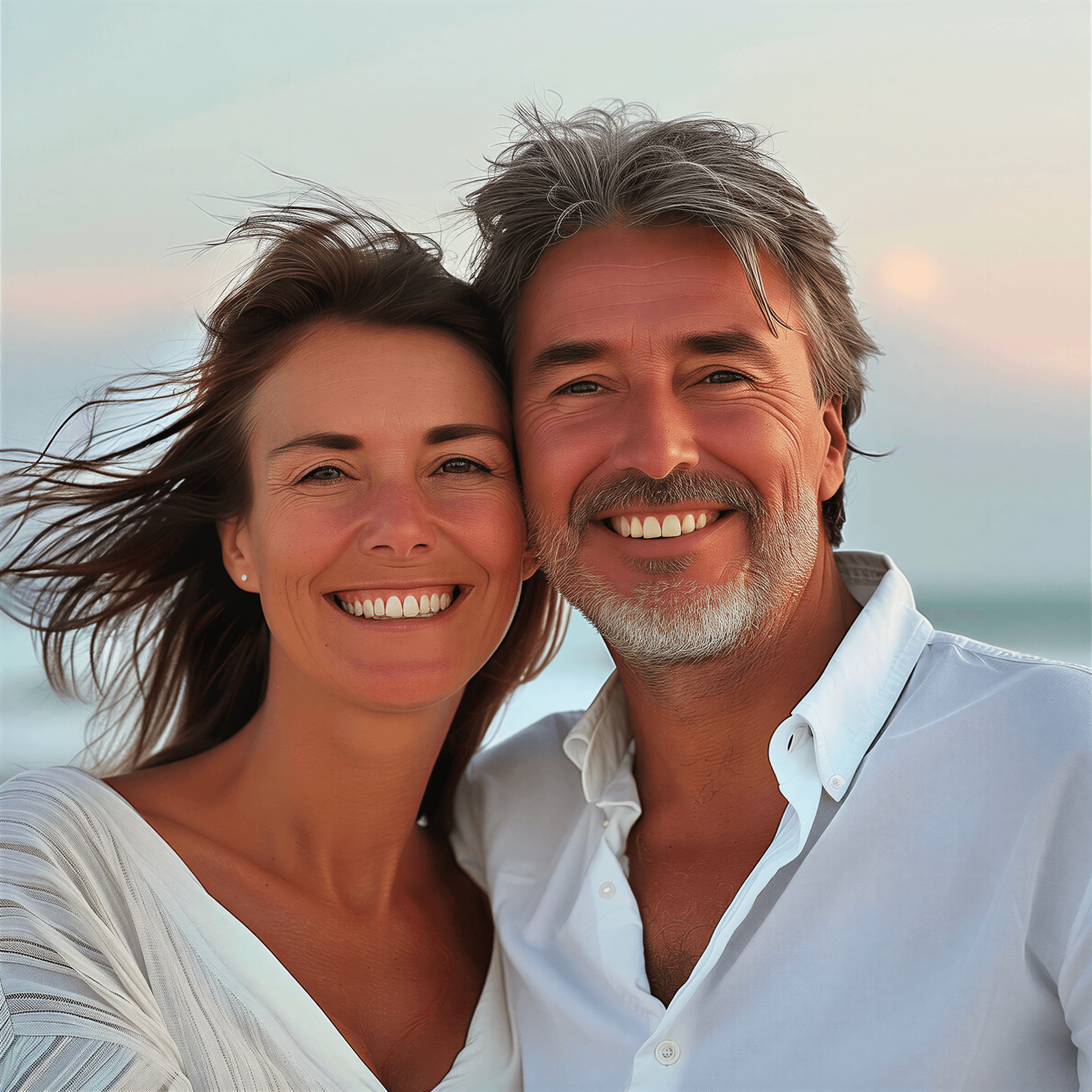 A smiling couple stands close together on a beach, with soft sunlight and a serene ocean background.