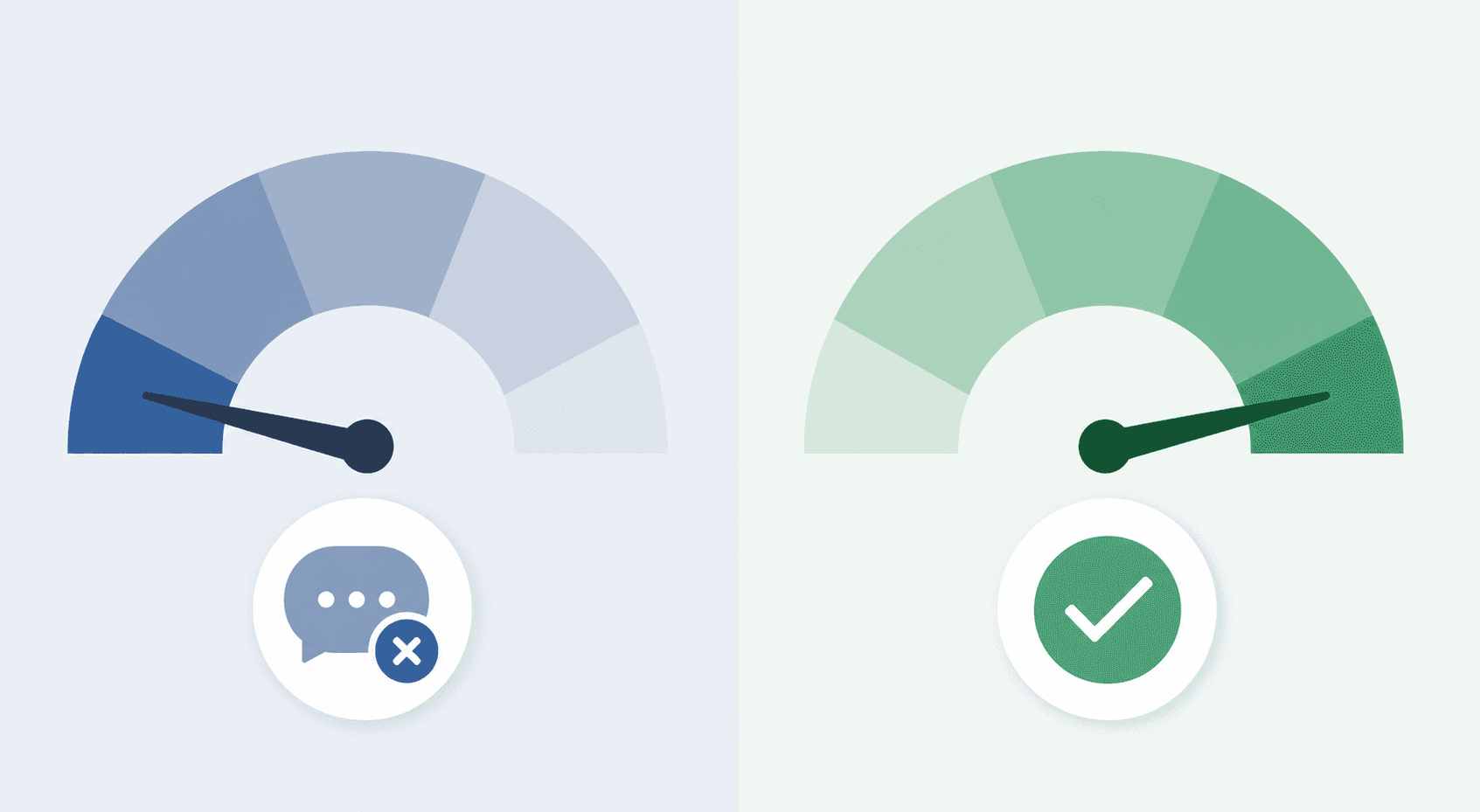A split visual comparing two measuring scales or gauges side by side. On the left, a gauge showing a conversation bubble with an X mark representing a closed but unresolved chat. On the right, a gauge showing a checkmark inside a circle representing a fully resolved customer issue. Clean flat design with muted blues and greens, minimalist icons, no text or labels, modern corporate illustration style.