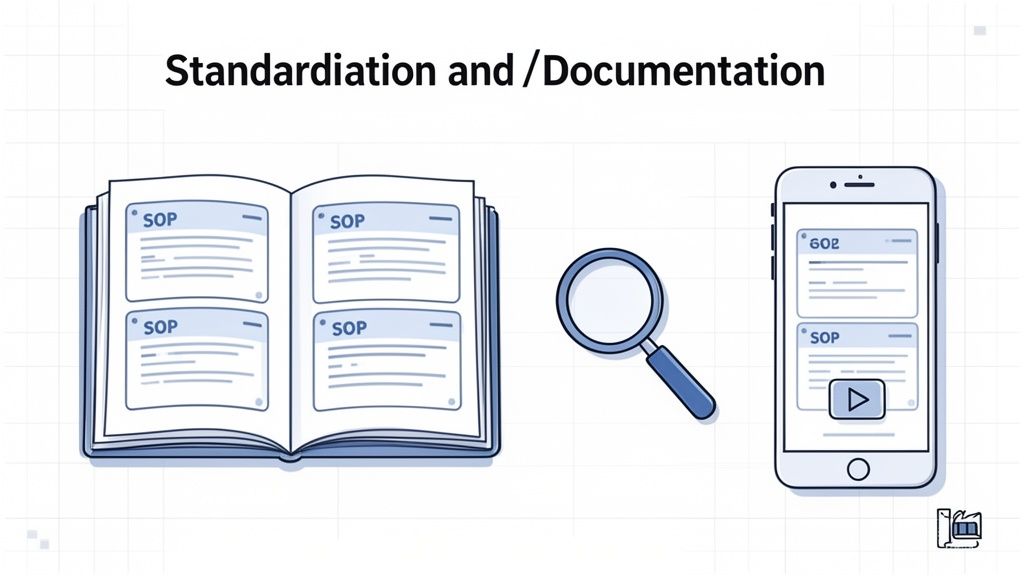 Documentation of Standard Operating Procedures (SOPs) in a book and on a smartphone, with a magnifying glass.