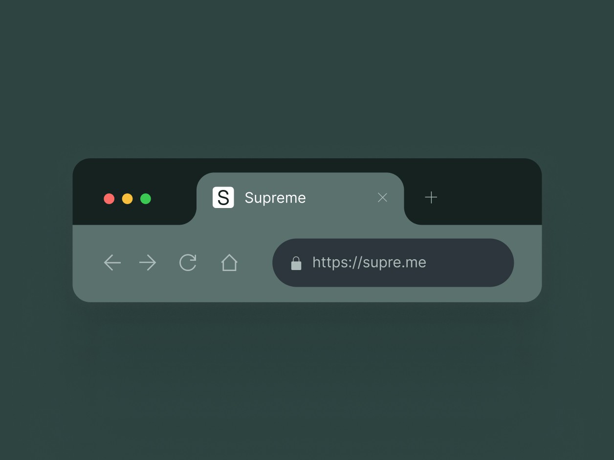 Dark mode browser tab interface design with the Supreme logo icon and secure SSL padlock in the search bar.