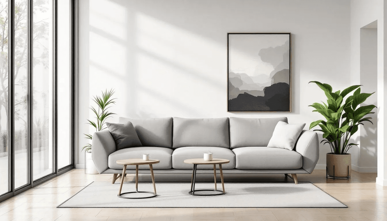 Nowoczesny salon z modną kanapą o czystych, geometrycznych liniach, która może pełnić funkcję spania. Wnętrze emanuje komfortem i elegancją, stanowiąc idealne miejsce do relaksu.