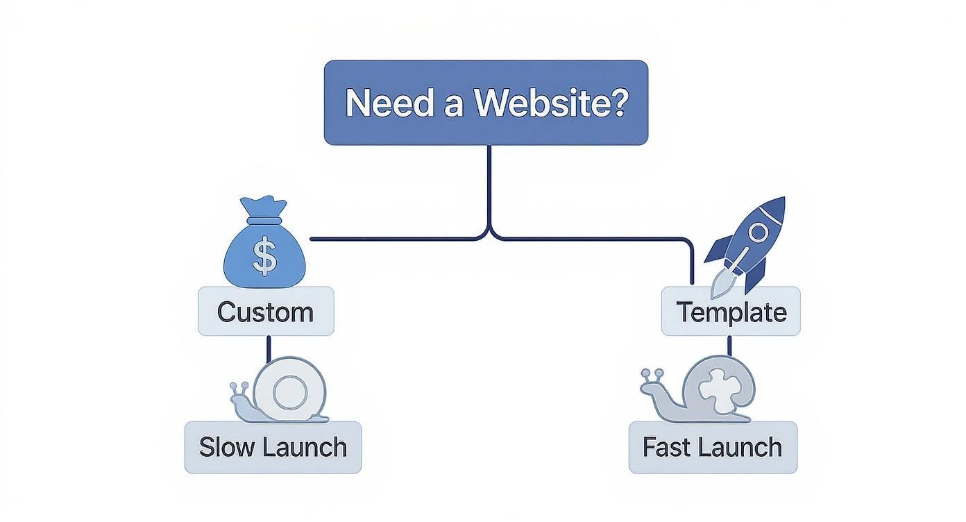 Flowchart comparing custom versus template websites, showing custom as slow and expensive, while template is fast.