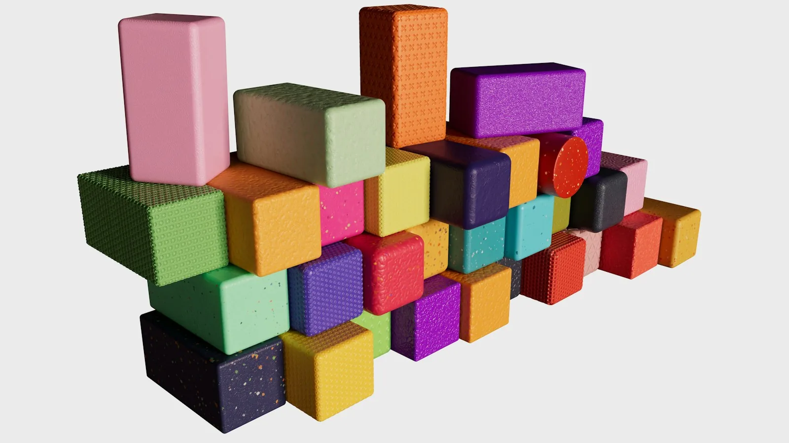 3D render of colorful textured blocks in pink, orange, purple, green and yellow stacked into an uneven wall on a light grey background