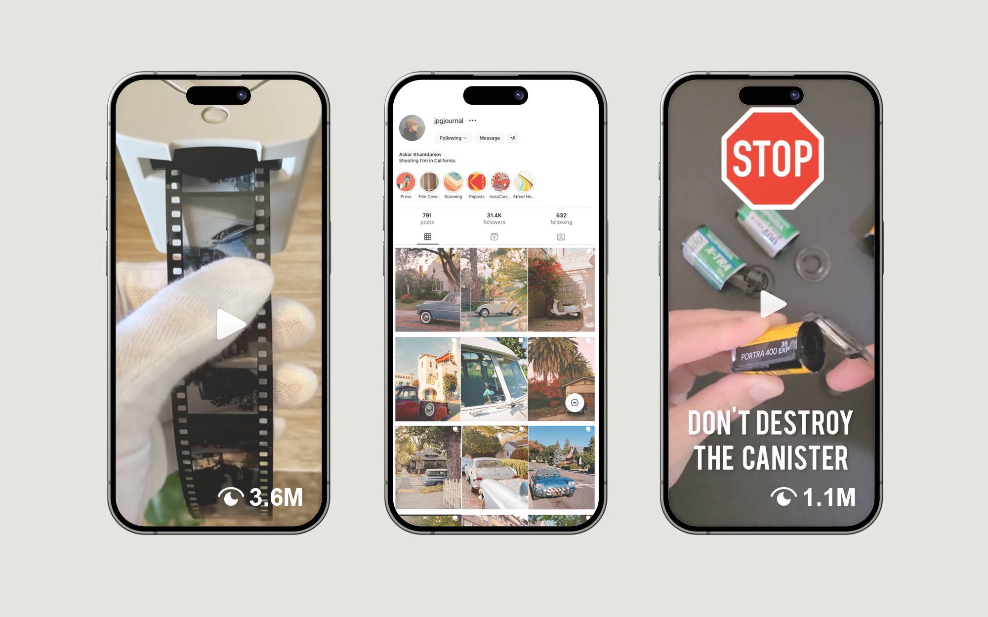 3 screens showcasing counters with millions of video views and JPG Journal Instagram feed showing photos grid.