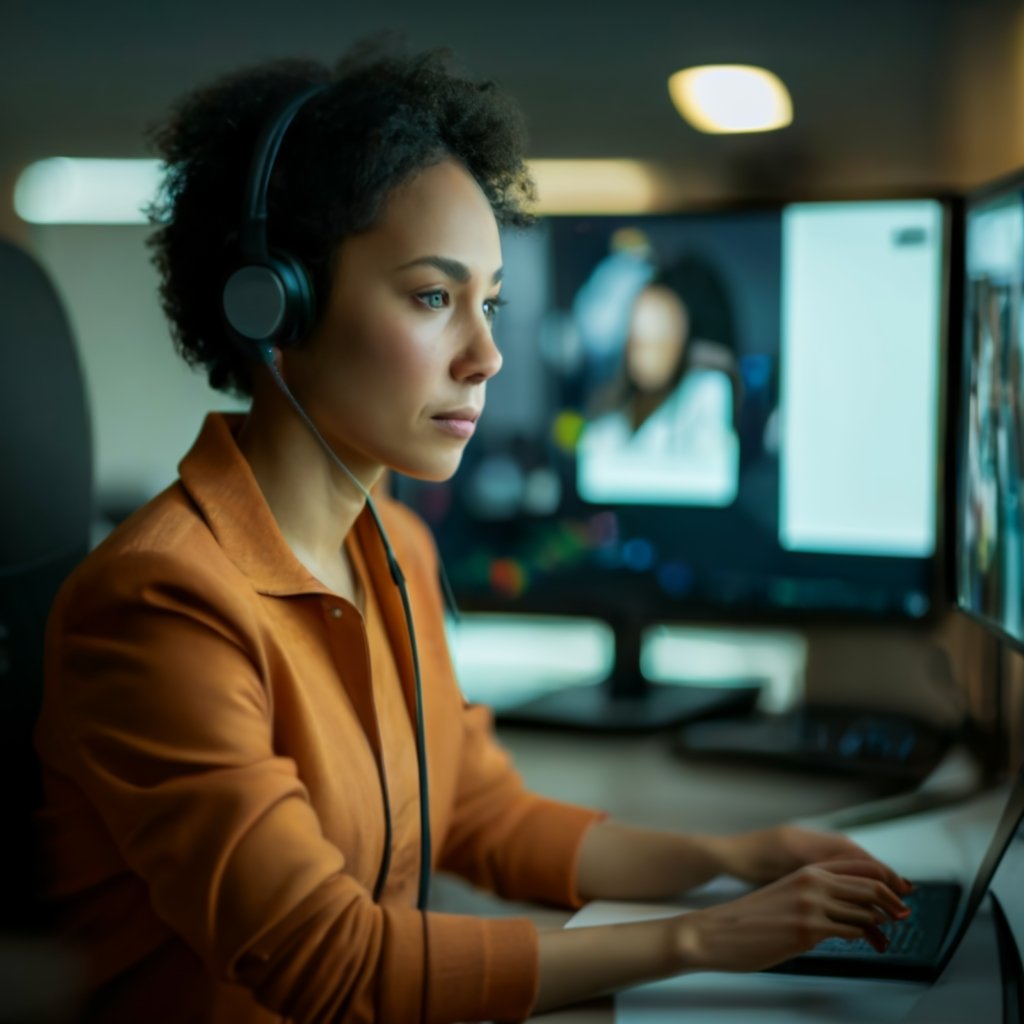 Focused individual in a professional setting, consulting the USCIS website while assisting with an immigration-related query over the phone, exemplifying the helpful and efficient service provided by the USCIS Gov Contact Center.