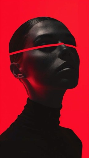 A band of red light crosses closed eyes in a saturated scarlet frame. Striking, graphic and impossible to look away from.