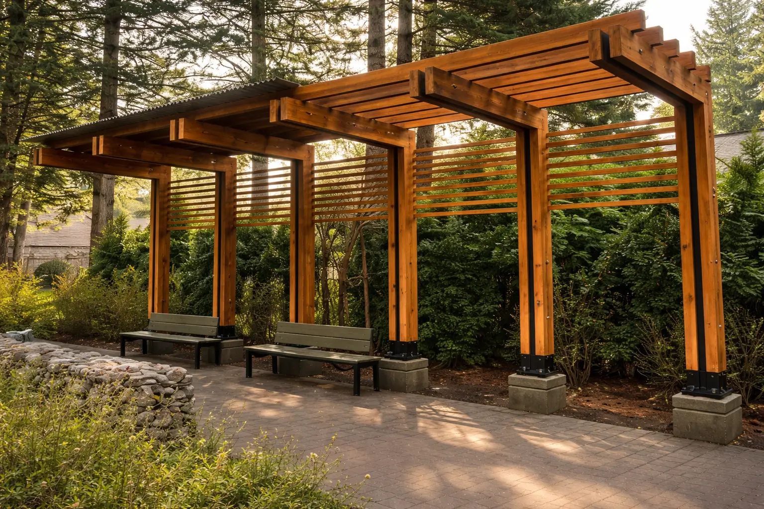 Commercial outdoor pergola seating area with wood structure and benches.
