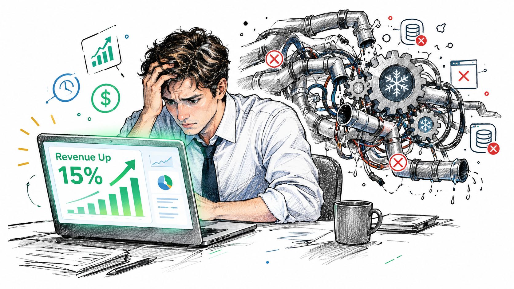 A stressed businessman looking at his laptop showing a revenue increase while dealing with complex technical issues.
