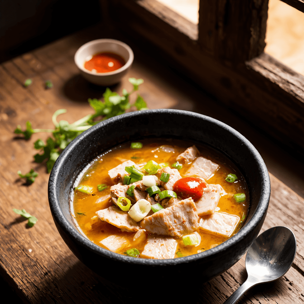product photography of a bowl of soup with meat and vegetables