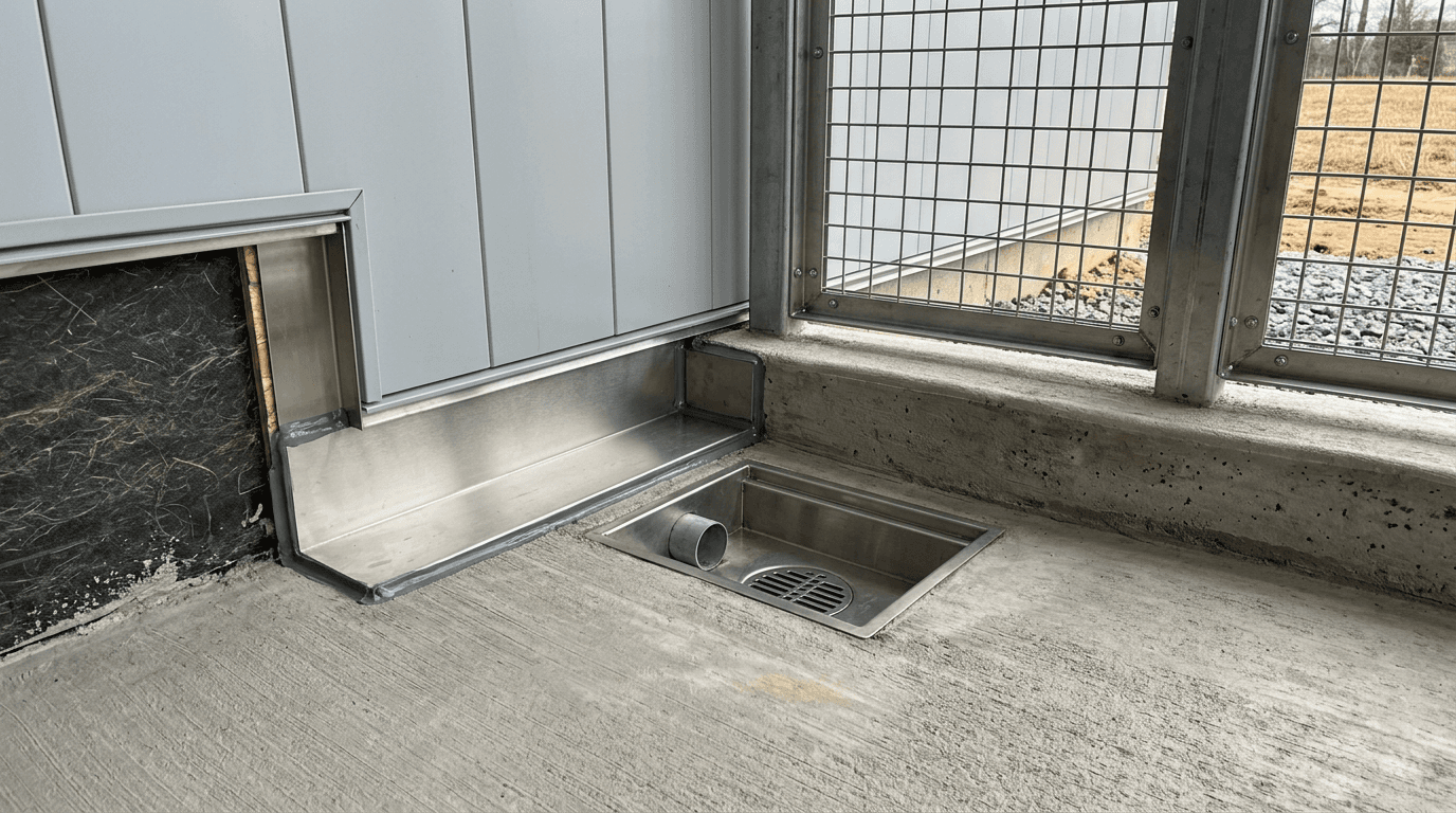 Concept visualization of a sloped catio floor, drain, flashing, and sealed wall transition in a commercial animal-care facility