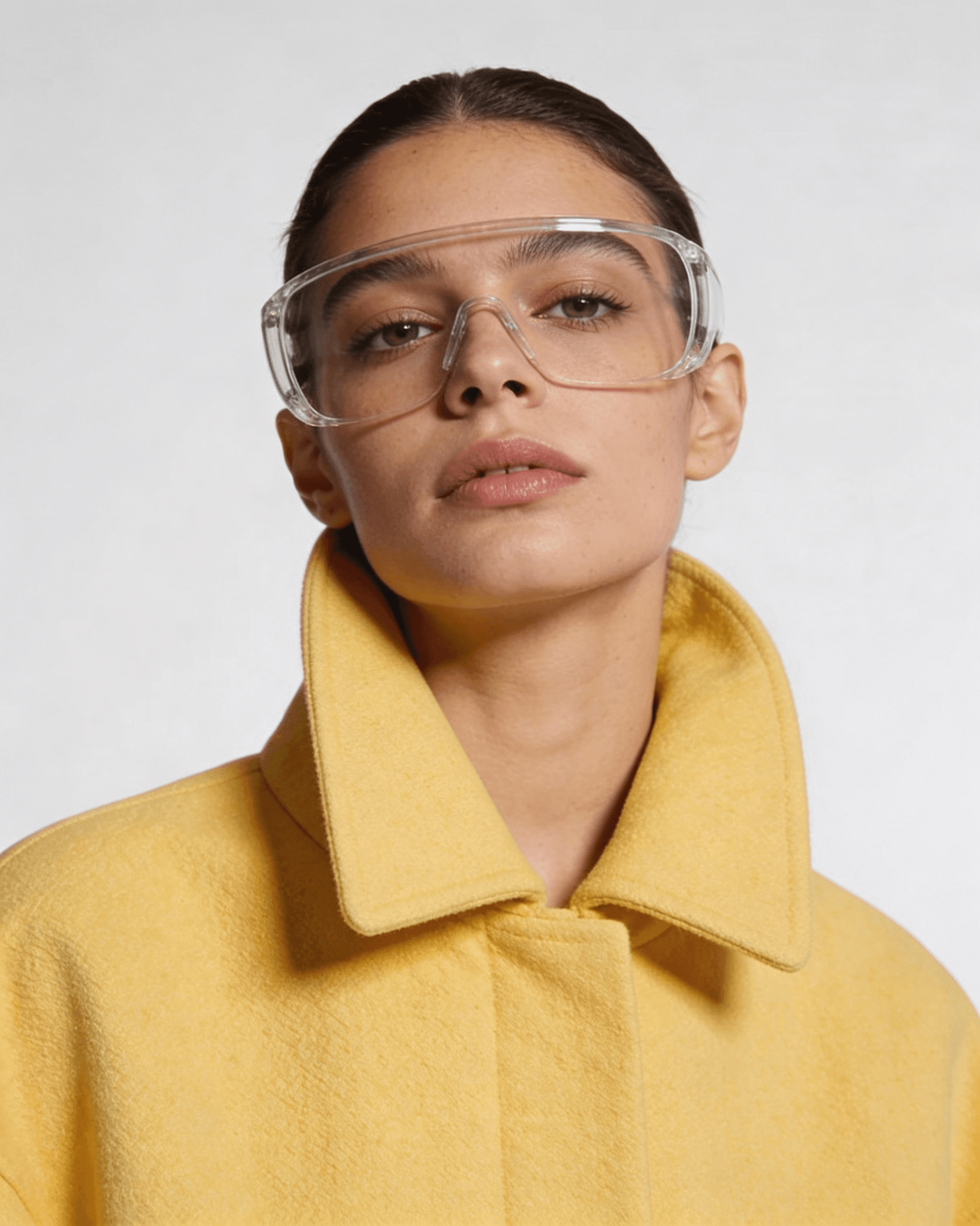 A person wearing a yellow coat and clear protective glasses