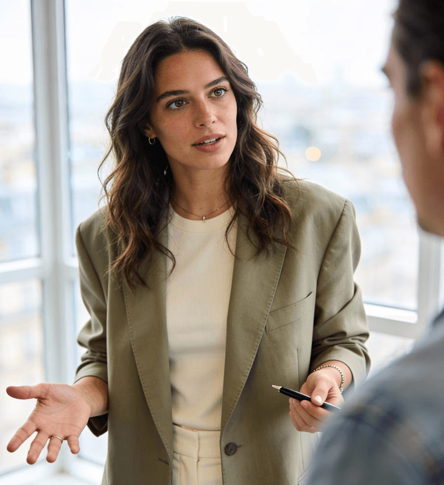 Woman explaining something during a business discussion.