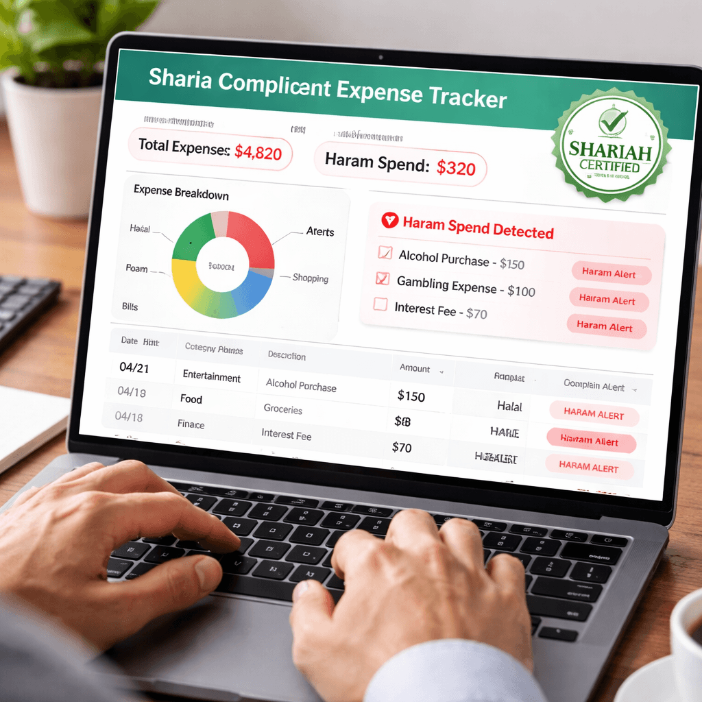 A photorealistic image showing a person reviewing a sharia compliant expense tracking dashboard on a laptop, with red alerts for haram spend and a clear certification badge displayed. Alt: sharia compliant expense tracking dashboard with compliance alerts.