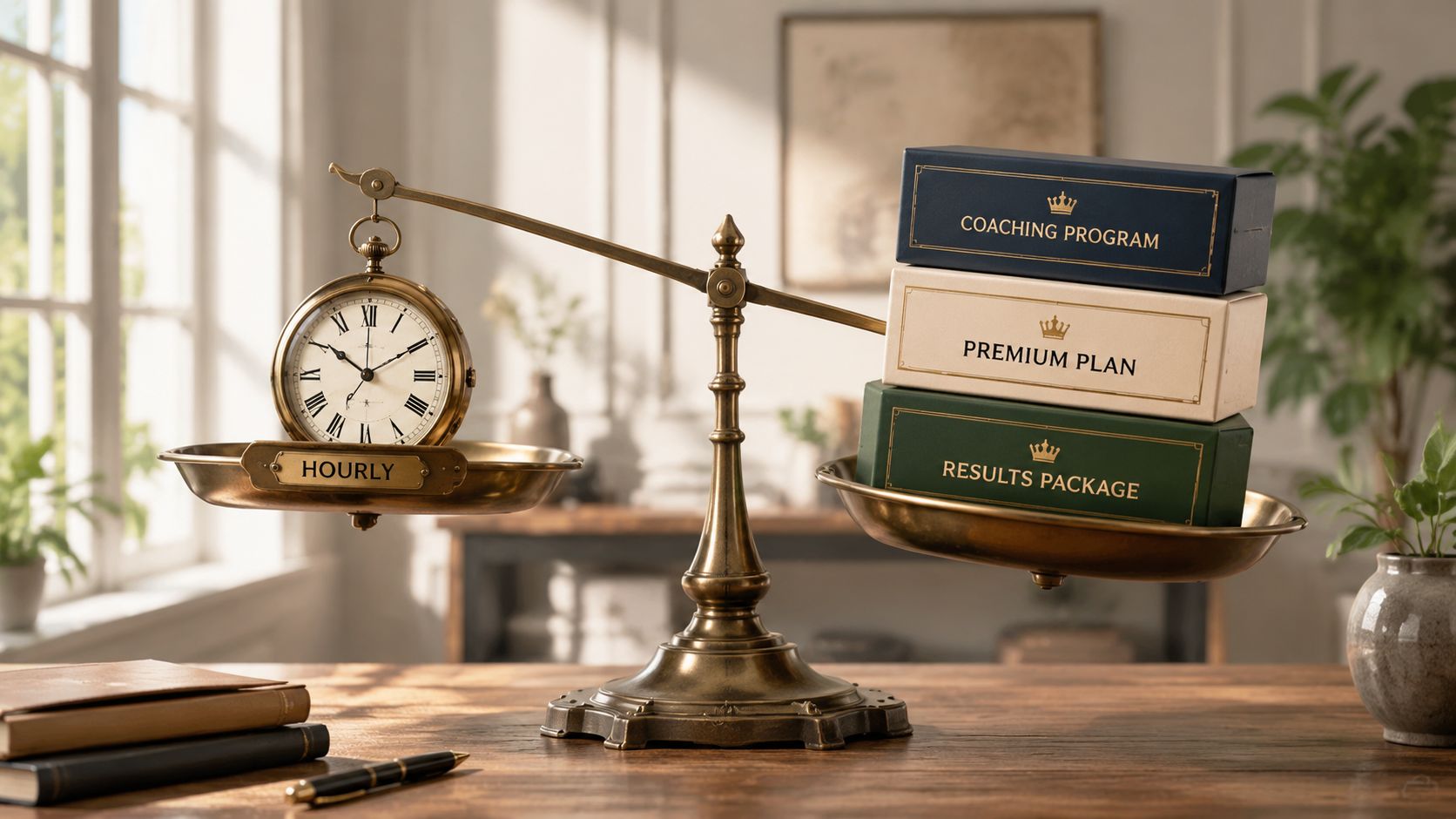 An antique balance scale tipping toward packages of coaching, premium, and results plans versus an hourly clock.