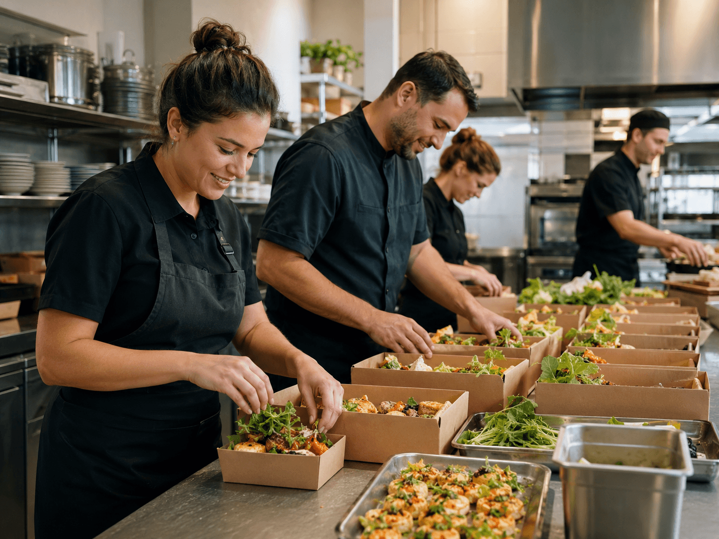 Hospitality team preparing catering orders