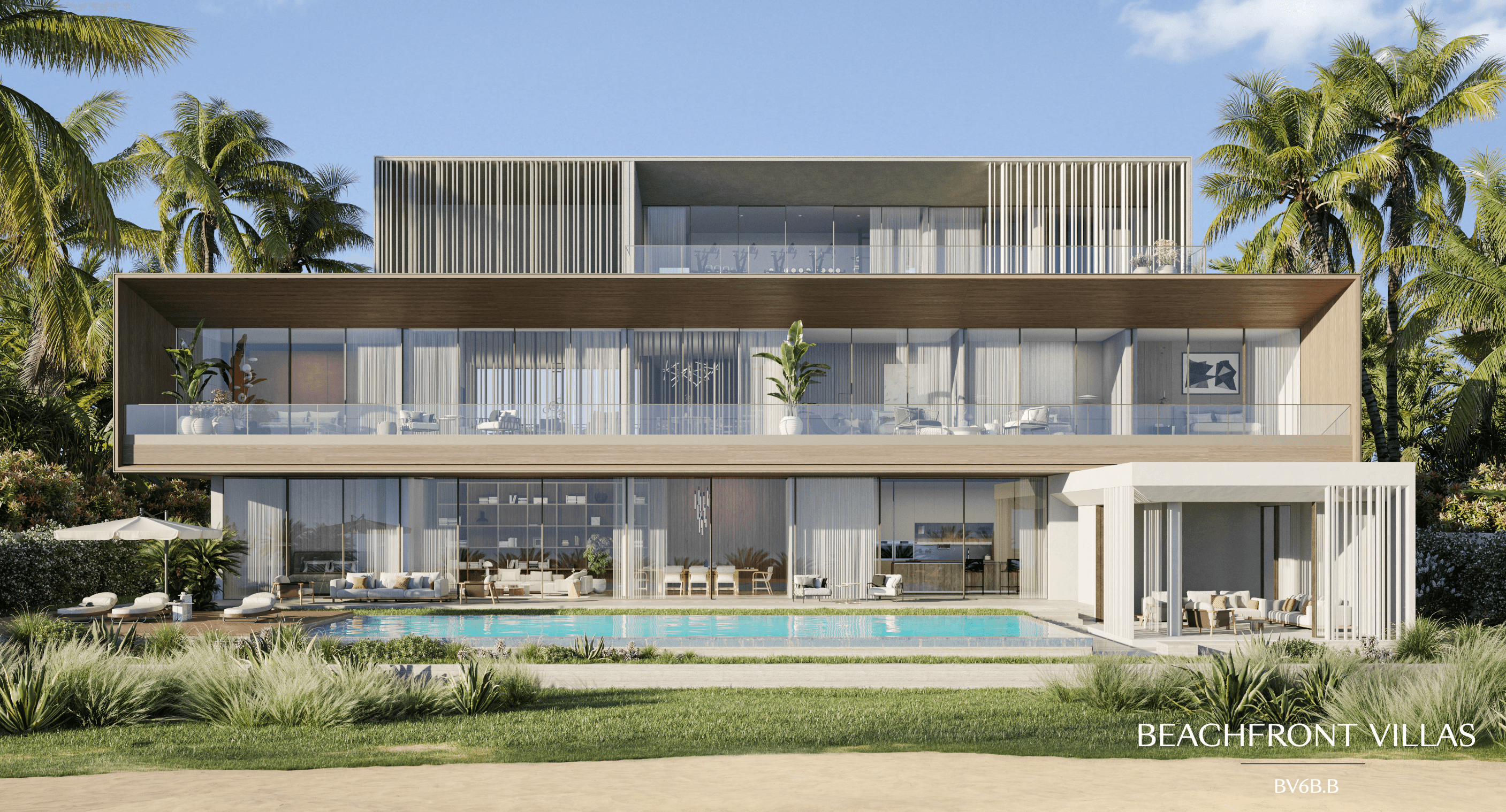 A modern villa with a sleek glass facade overlooks an infinity pool at sunset. Palm trees line the edge, with a distant city skyline aglow.
