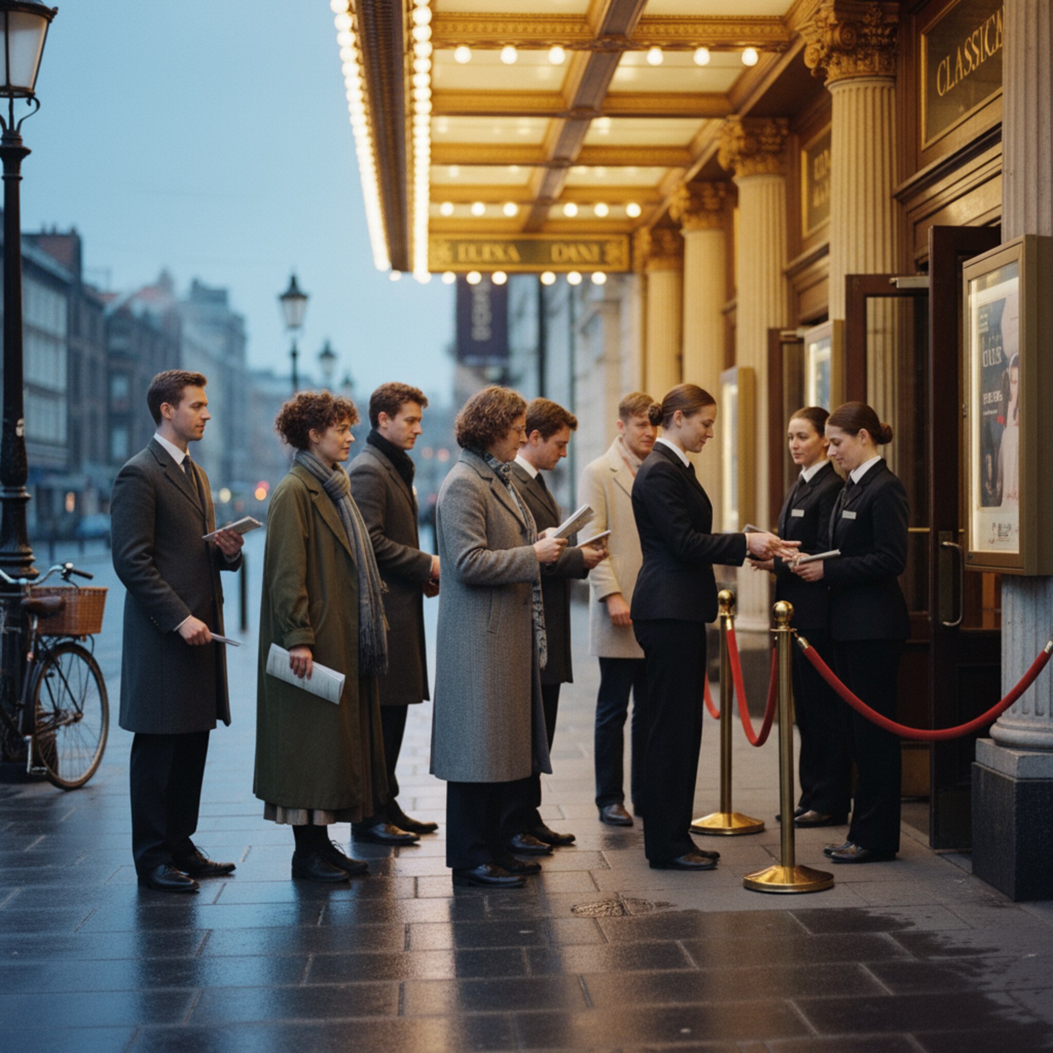 Ein historisches Stadttheater am frühen Abend, die Lichter der Marquee spiegeln auf feuchtem Pflaster. Besucherinnen stehen entspannt in einer kurzen Schlange, Programmhefte in der Hand. Ein Einlassteam prüft Bändchen und öffnet die Absperrung. Die Stimmung ist kultiviert, warm und klar strukturiert.